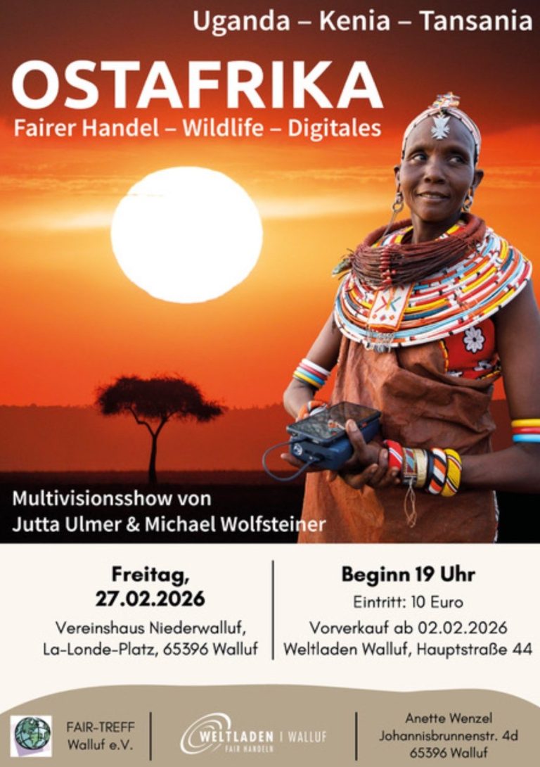 Plakat über Ostafrika mit Informationen zu Handel, Wildlife und einem großen Sonnenmotiv.