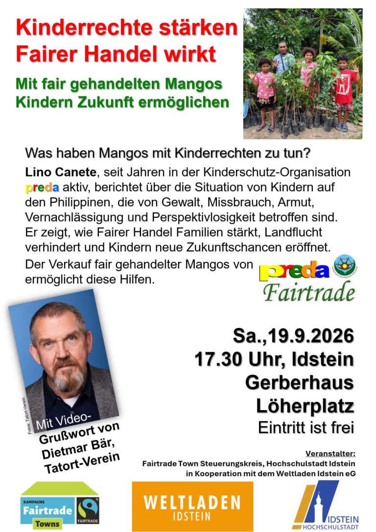 Ostafrika, Text über fairen Handel, Wildlife und digitale Präsentation, mit Sonne im Hintergrund.